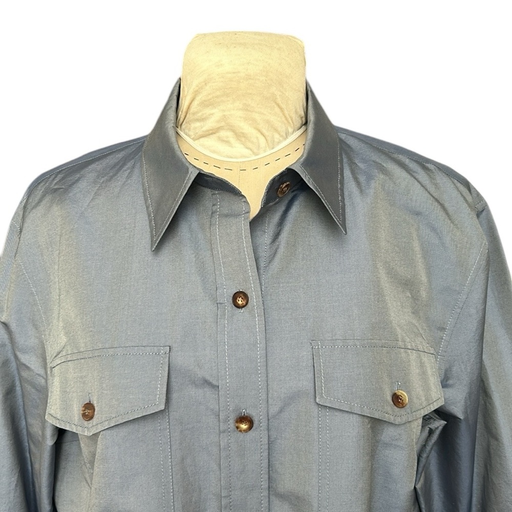 Lafayette 148 New York Iridescent Blue Silk Blend Button Down Shirt w/Pockets 18 - Picture 5 of 10